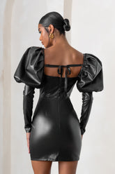 Black Faux Leather Puff Sleeve Mini Dress With Corset Detail